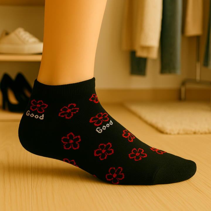 Socquettes femme SENNA motif fleurs “Good” – visuel lifestyle – VPC Mania grossiste