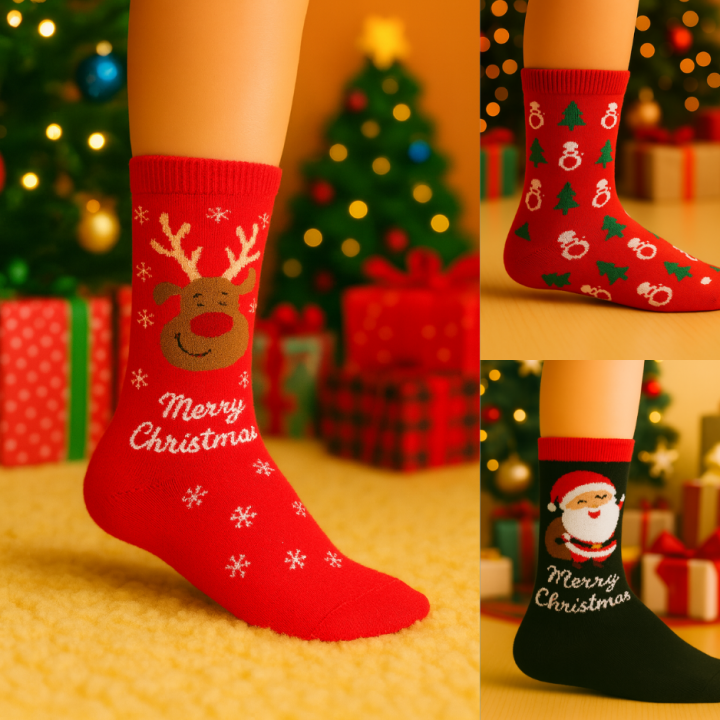 Chaussettes enfant Noël SENNA – modèle rouge flocons – visuel lifestyle