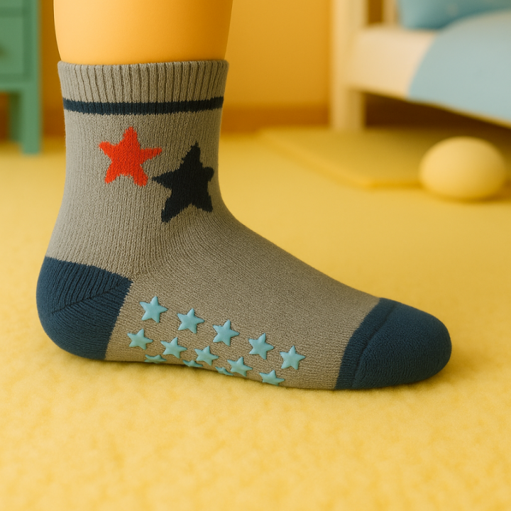 Chaussettes bébé garçon SENNA – modèle étoiles rouge et bleu – semelle antidérapante