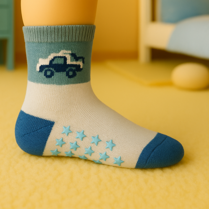 Chaussettes bébé garçon SENNA – motif voiture turquoise – semelle étoiles antidérapante