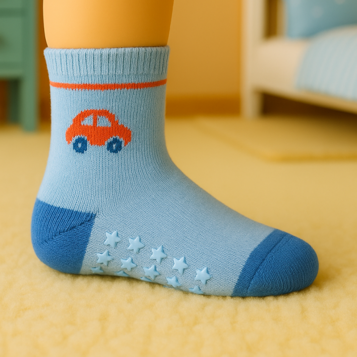 Chaussettes bébé garçon SENNA – motif voiture bleue – semelle étoiles antidérapante