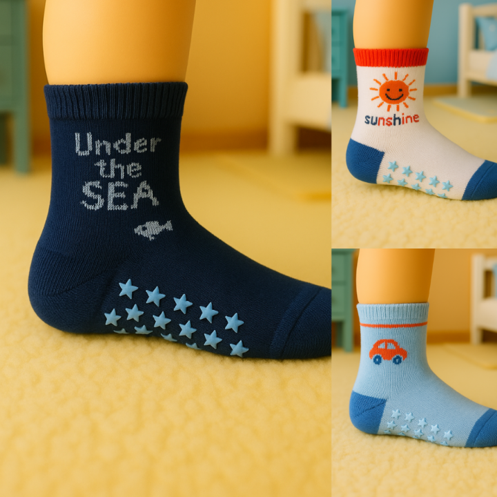Chaussettes bébé garçon SENNA – modèle Under the Sea – coton – antidérapantes