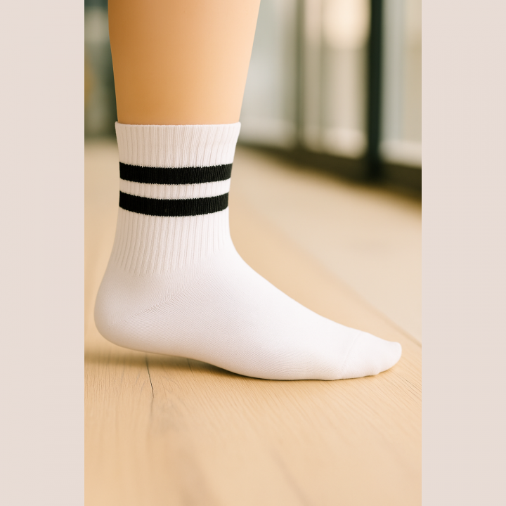 Chaussettes courtes unisexe SENNA en coton – visuel lifestyle blanc à deux bandes noires – VPC Mania grossiste