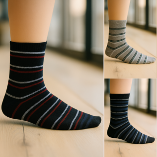 Chaussettes mi-mollet unisexe SENNA en coton – visuel lifestyle rayures assorties noir, bleu et gris – VPC Mania grossiste