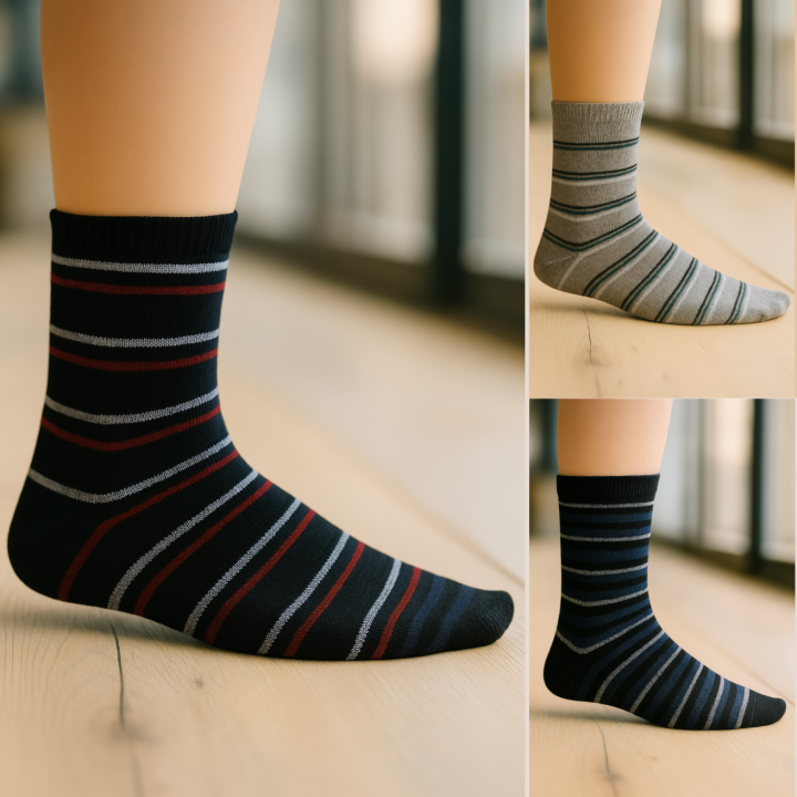 Chaussettes mi-mollet unisexe SENNA en coton – visuel lifestyle rayures assorties noir, bleu et gris – VPC Mania grossiste